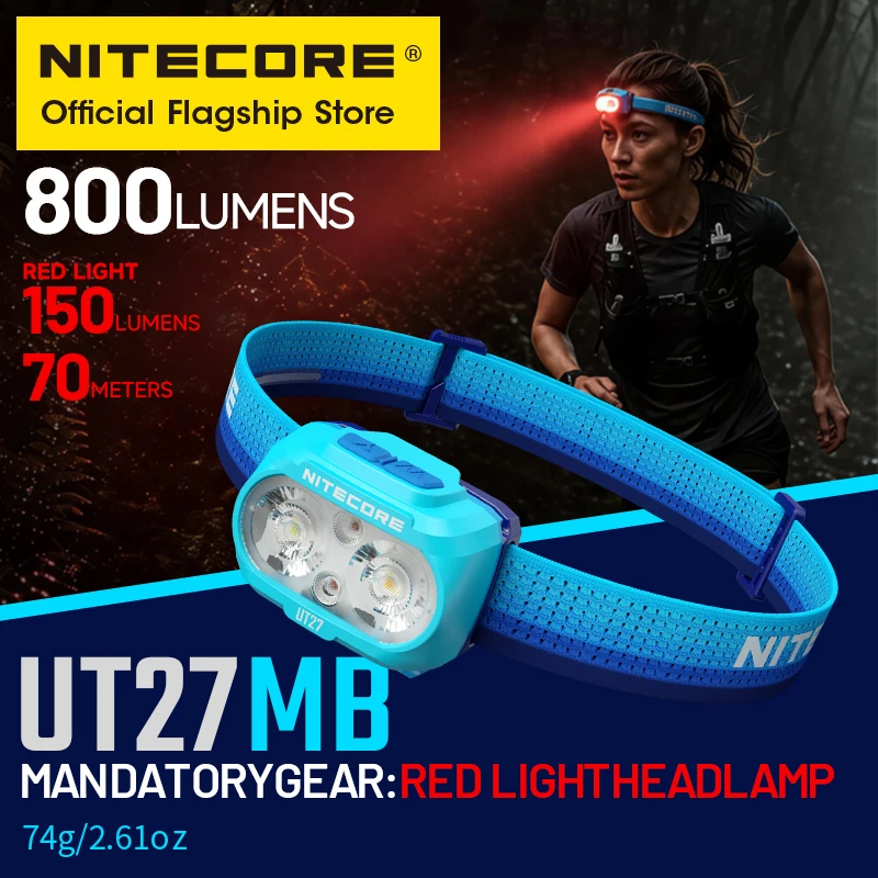 Налобный фонарь NITECORE UT27 MB для трейлраннинга с красной подсветкой, четыре источника света, 800 люмен, аккумулятор HLB1500 Li-ion