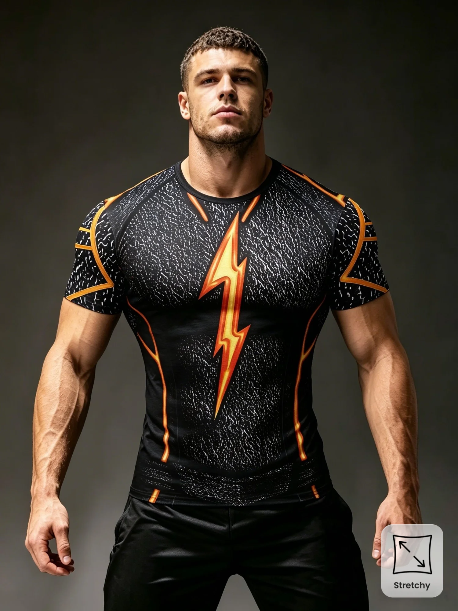 Men High Elastic Quick Dry Sports Compression Shirt Lightning Print Short Sleeve Gym Running Training Top