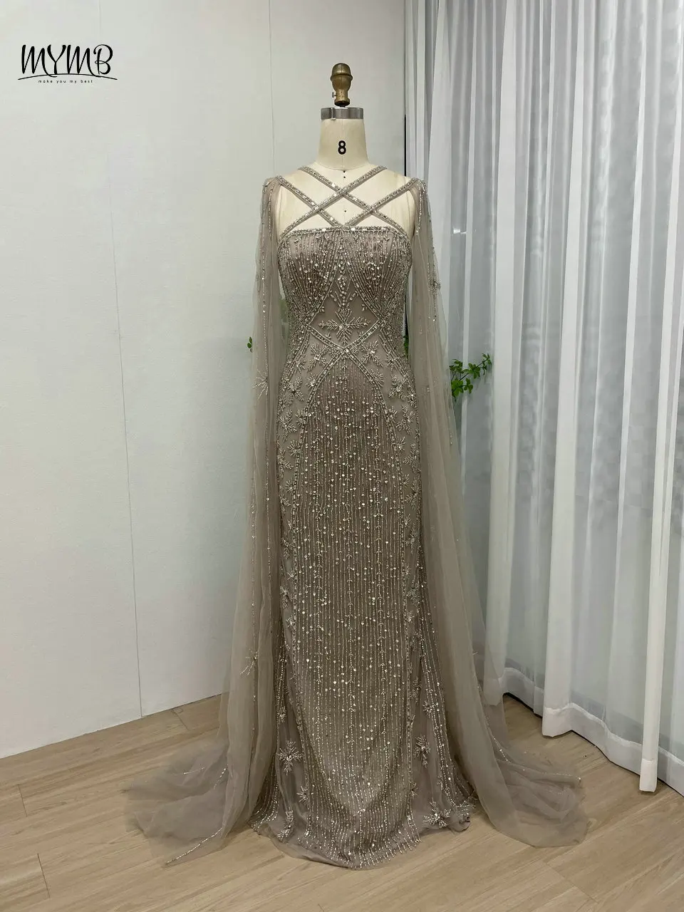 MYMB Gorgerous Dubai Cape Sleeves Mermaid Wedding Guest Gowns Arabic Luxury Caramel Beaded Evening Dresses vestidos de gala 2025