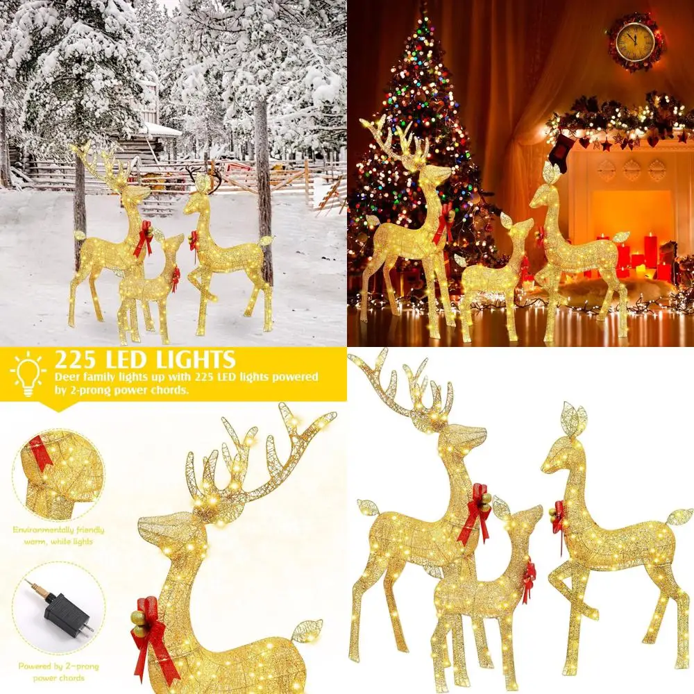 

Family of 3 Lighted Christmas Reindeer, Outdoor Gold Mesh Deer Decorations, 52-42-28 Sizes for Lawn or Yard