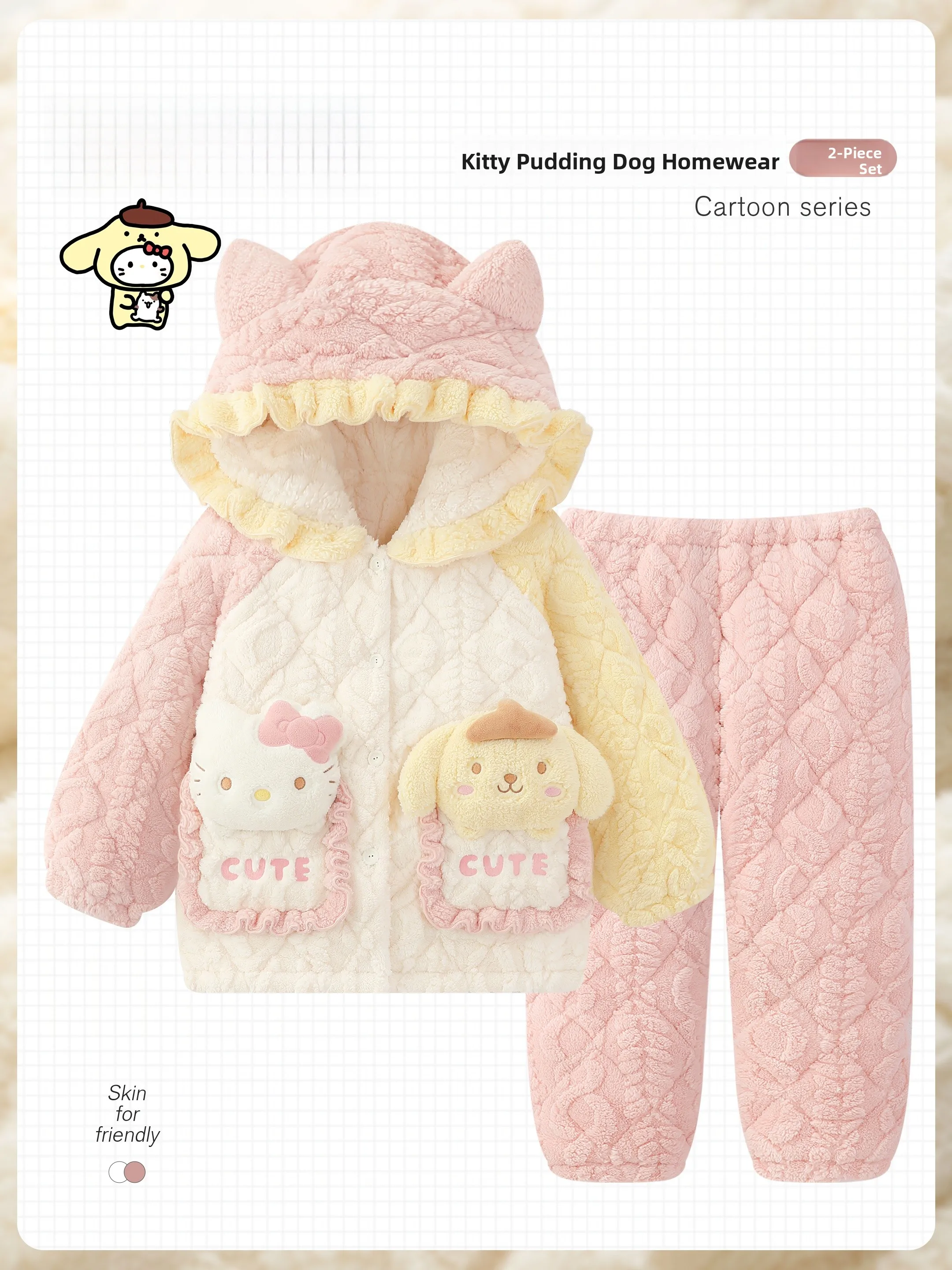 

Зимний комплект домашней одежды из кораллового флиса Hello Kitty для женщин: утепленная хлопковая футболка и брюки с мультяшным принтом