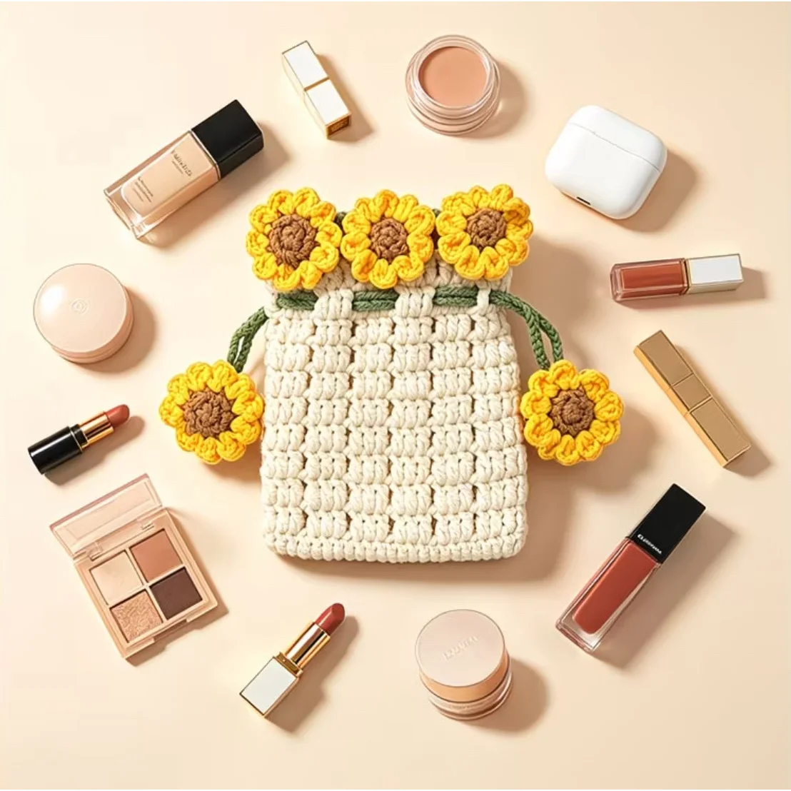 1 Piece Sunflower Woven Storage Bag Wardrobe Storage/Accessory Storage/Jewelry Hanging Bag/Hand-Woven/Sunflower Shape/Coin Purse/Card Holder/Document Holder/Headphone Bag/Storage Organizer/Hanging Storage Bag Halloween, Christmas Gift