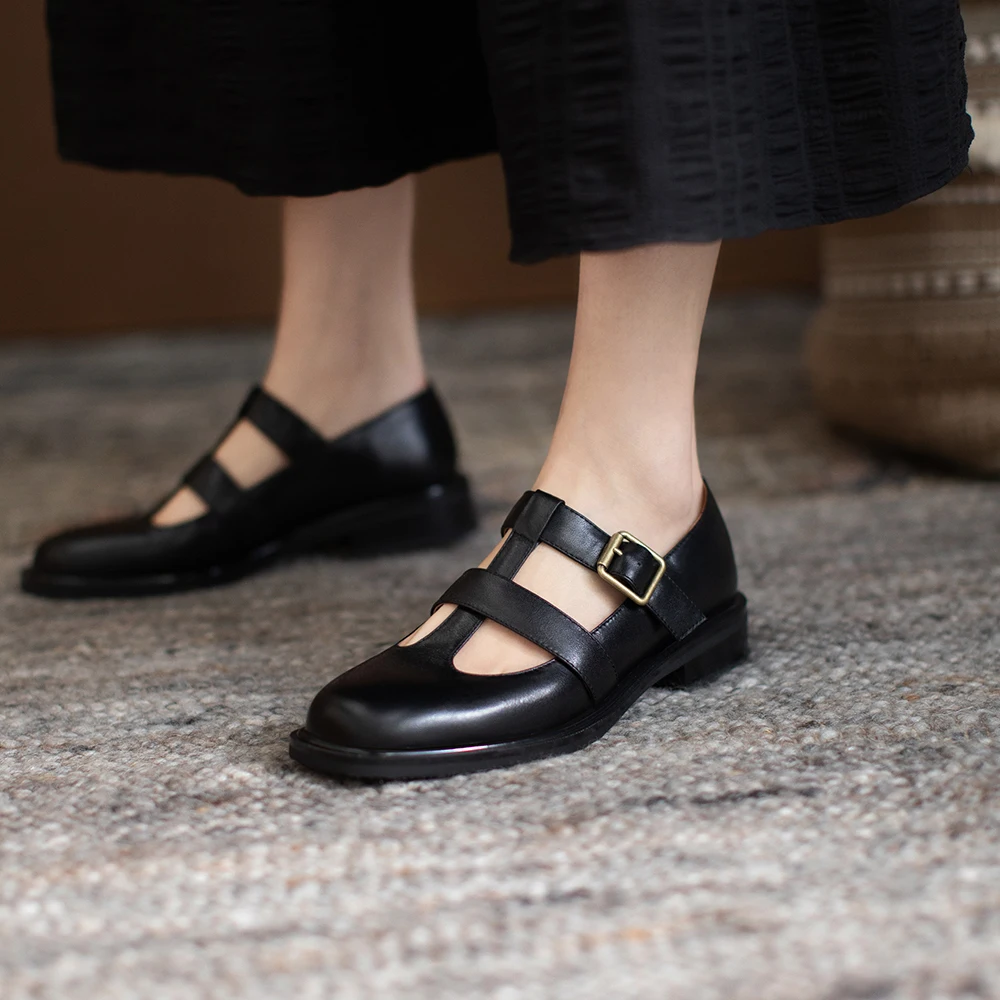 Taoffen Retro Loafers For Women Genuine Leather Square Heel Rome Pumps Casual Round Toe Spring/Autumn Buckle Strap Office Shoes