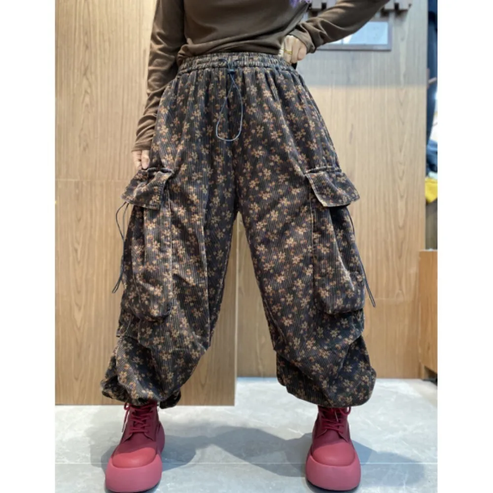 

Colorful Corduroy Casual Work Pants Women 2024 Autumn New Elastic Waist Drawstring Large Pocket Wide Leg Pants LX2480