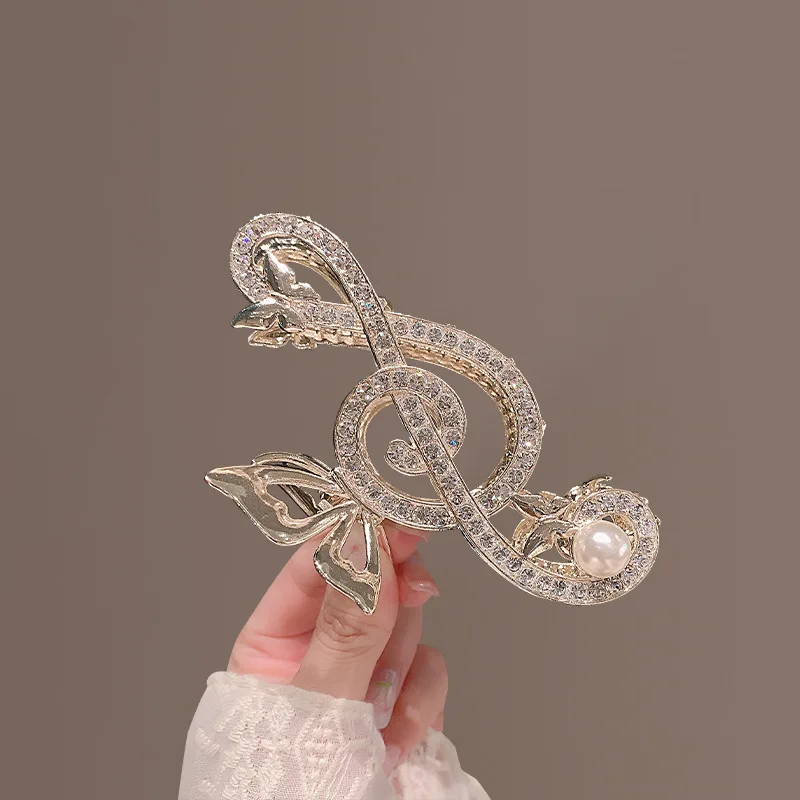 New Women Elegant Music Note Shape Hair Claw Luxury Rhinestone Decor Ponytail Hair Claw Clips Girls Headwear Fashion Accessories