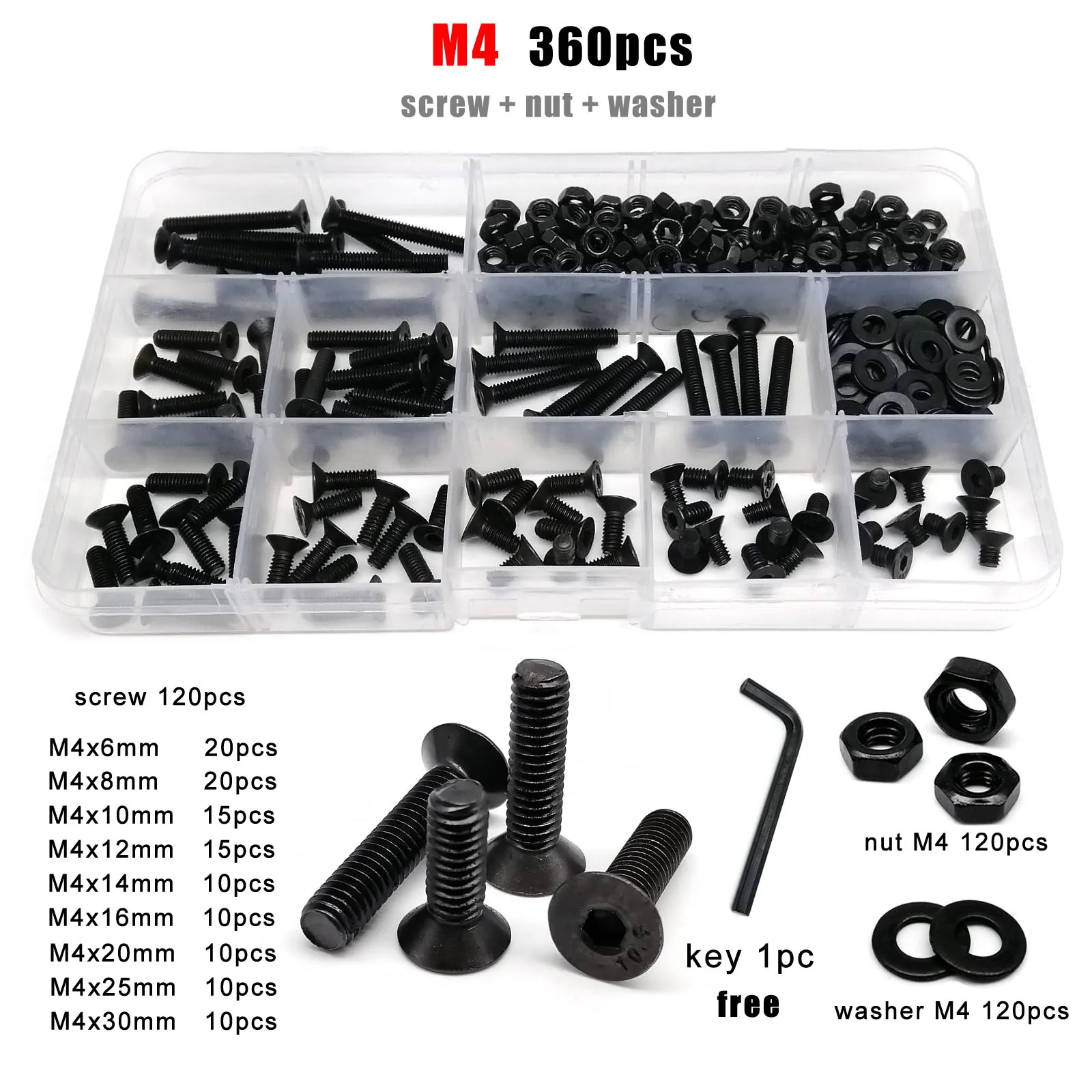 1 Box M2 M2.5 M3 M4 M5 M6 M8 Hex Hexagon Socket Allen Flat Countersunk Head Screw Bolt Nut Assortment Kit Black Grade 10.9 Steel image 4