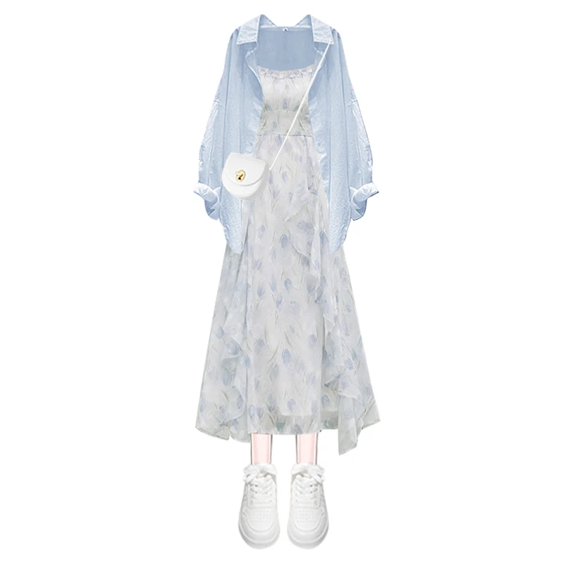 ชุดเซ็ตสองชิ้นสไตล์เรโทรสำหรับผู้หญิง ลายดอกไม้ ดีไซน์ฤดูร้อน ปกป้องผิวจากแสงแดด กระโปรงทรงเอ ยาว สีพื้น คอทรงตัวยู