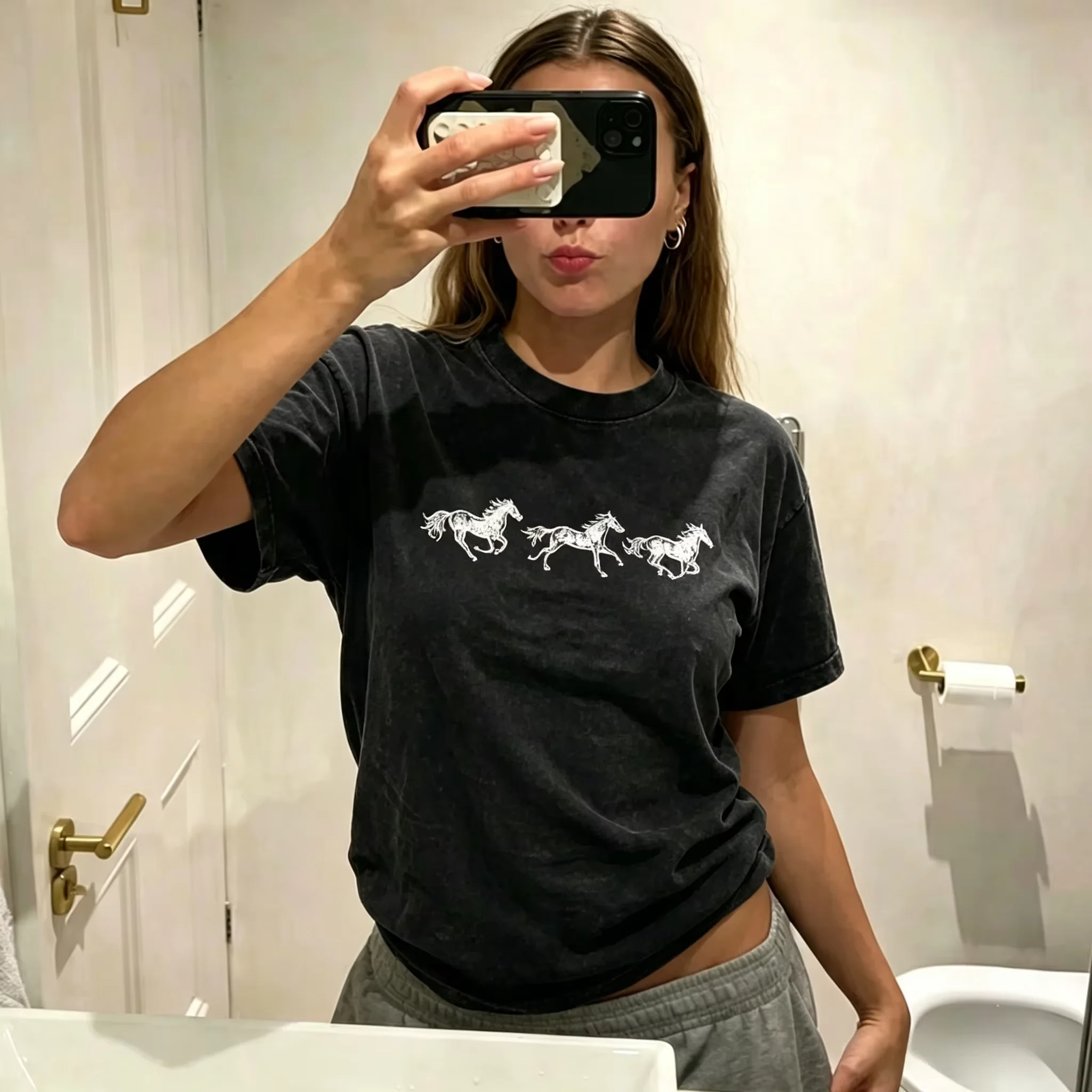2026 New Galloping Three Horses Graphic T-Shirt Oversized Casual Tops Daily Outdoor Street Unisex Short Sleeve Tee Men Women