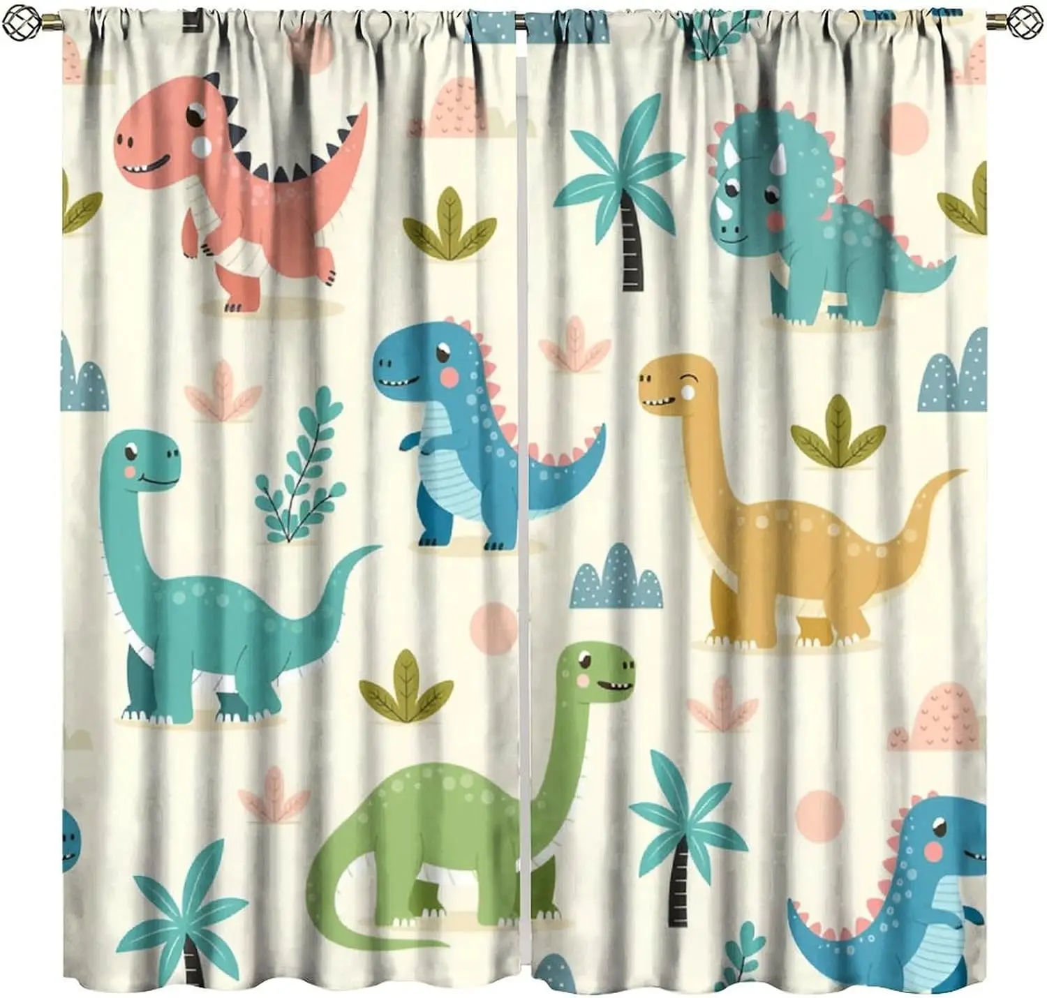 Cartoon Jungle Dinosaur Curtains, Lovely Colorful Dino Palm Leaf Hill All Over Print for Boys Bedroom Balcony Living Room Decor