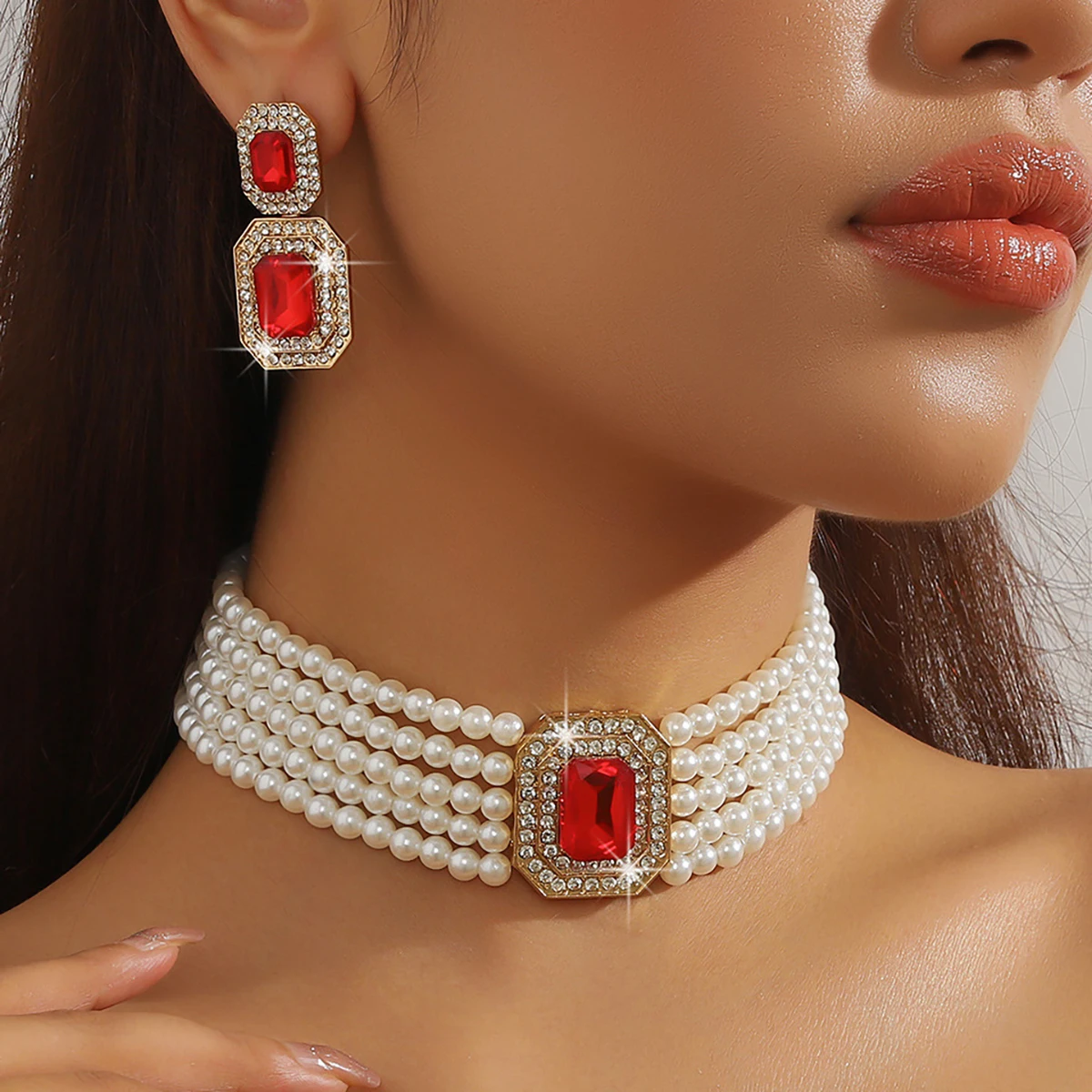 Rectangular Gemstone Earrings Pearl Necklace Set for Women Vintage Multi-layered Pearl Necklace Drop Earrings