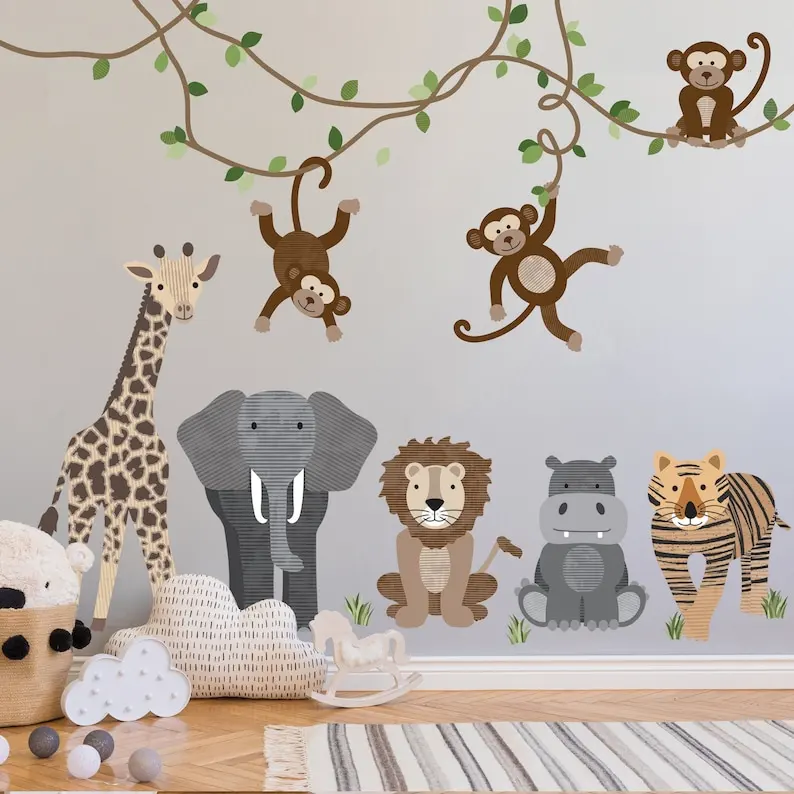 Large Safari Animals and Monkey Wall Decals, Jungle Animal Wall Stickers, Nursery Wall Decals, Repositionable Jungle Wall Decals