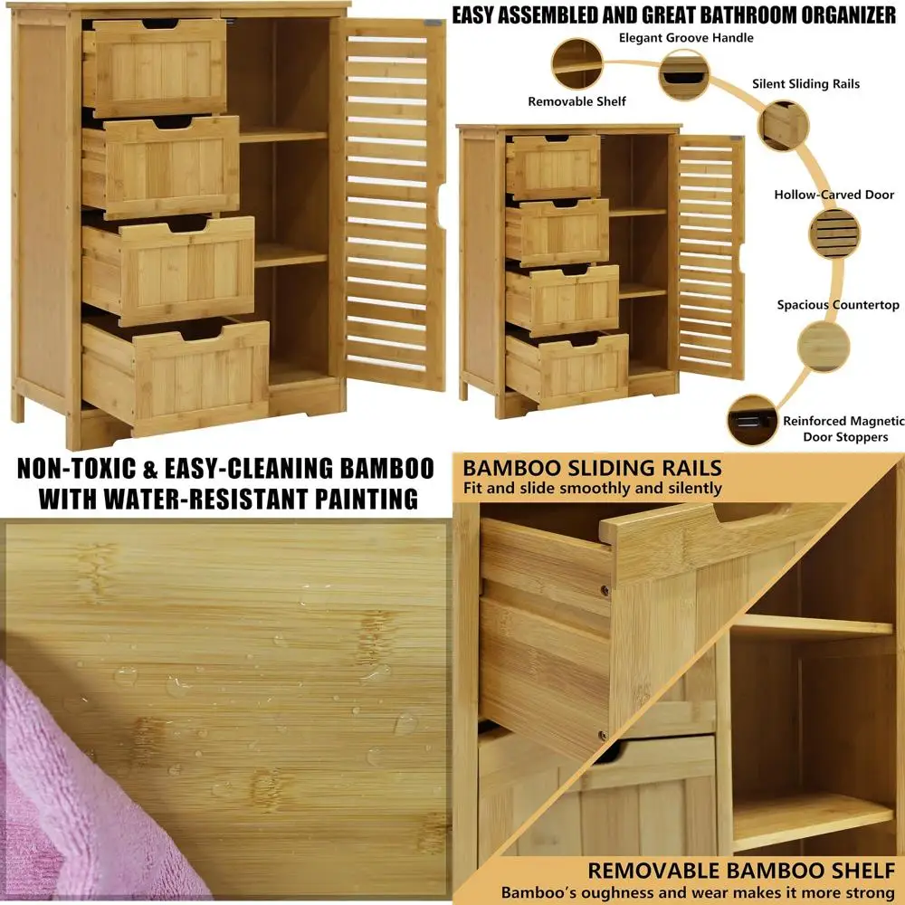 

отдельно стоящий бамбуковый шкаф для хранения вещей для ванной комнаты, 4 ящика и 2-уровневый органайзер