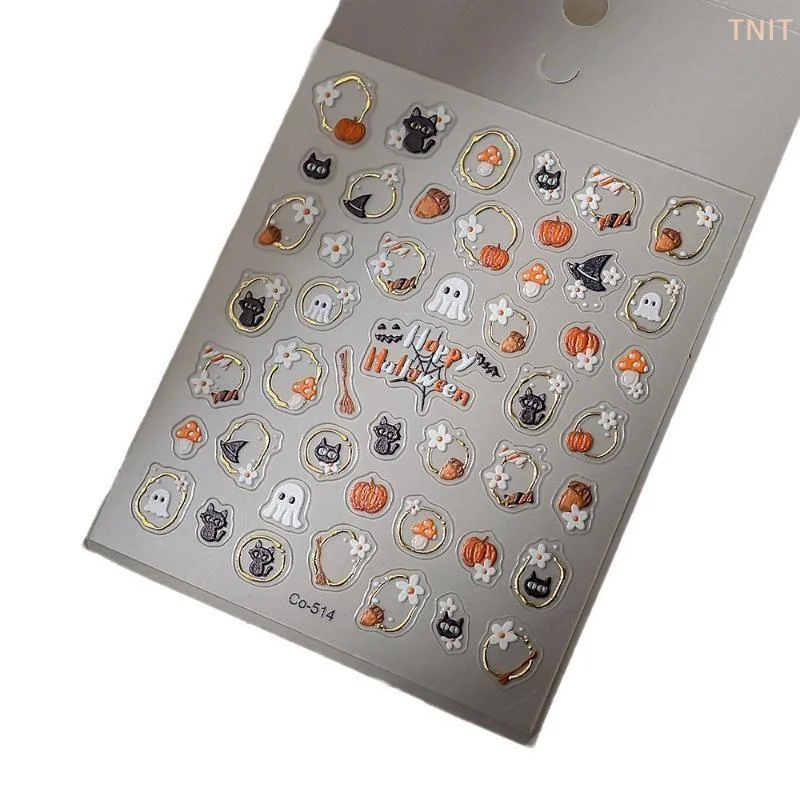 5D Embossed Halloween Nail Stickers Self‑Adhesive Nail Decals With Ghost Pumpkin Cat Mushroom Patterns Gold‑Trim Manicure Slider