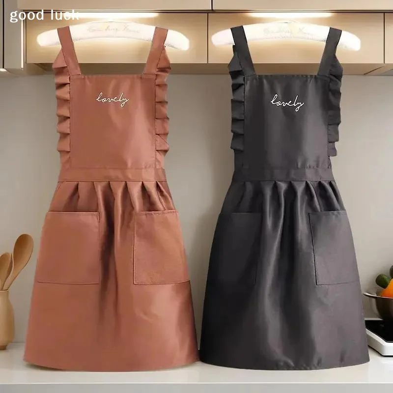 AnswerCute Polka Dot Kitchen Apron With Sweet Heart Ruffle Trim Large Front Pocket For Cooking Baking House Cleaning