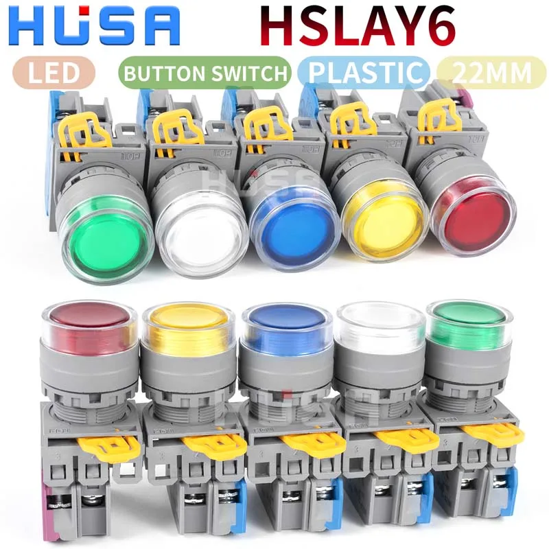 

LAY6 Led button switch self reset flat head 22mm start DIY 1NO 1NC instantaneous button switch plastic head silver contact