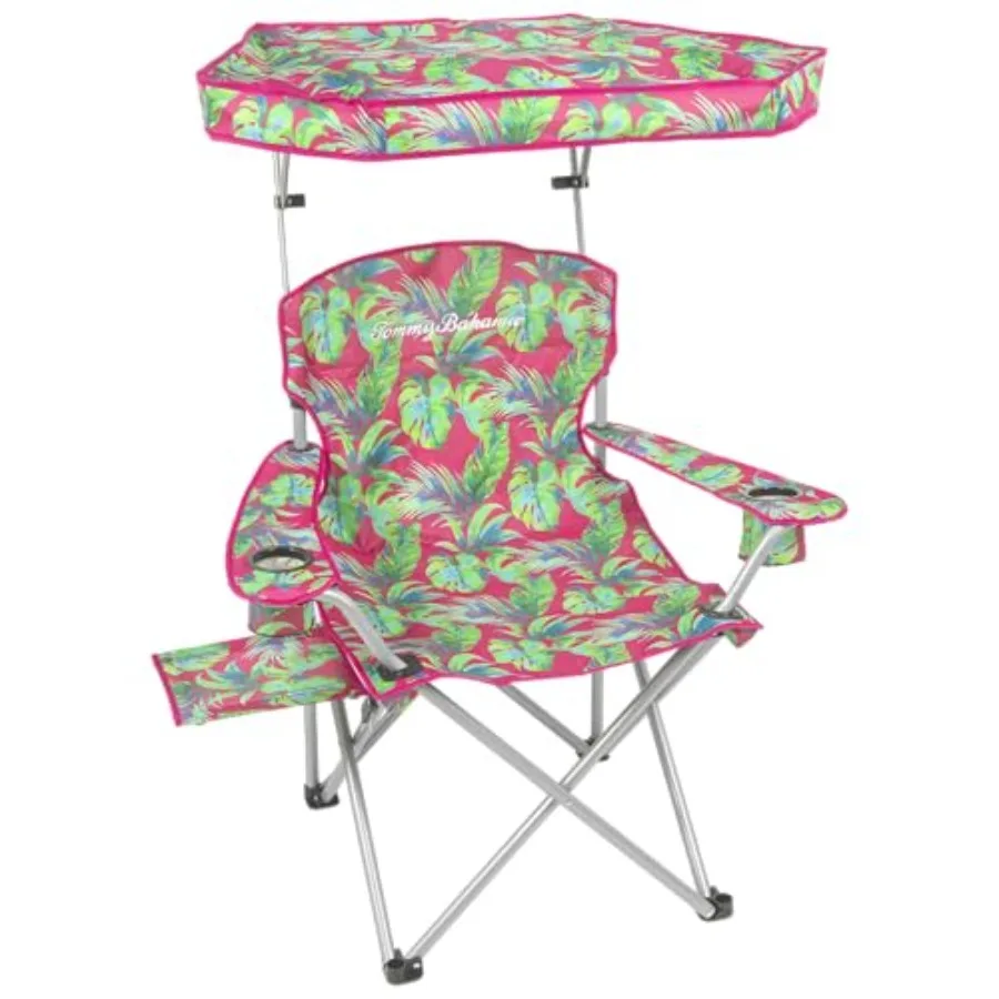 Beach camping chair with canopy for outdoor use, polyester fabric, pink/green, extra-wide 25 seat and 500 lb capacity