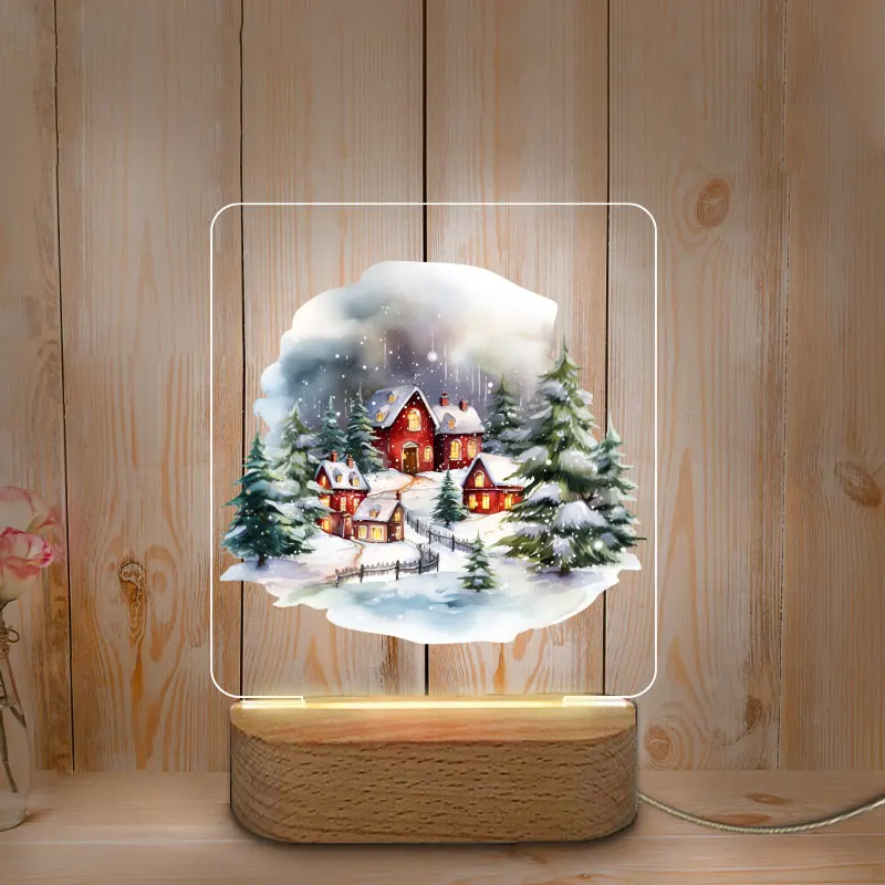 Lampka nocna USB LED z kolorowym nadrukiem Spersonalizowana lampka nocna Lampka nocna do pokoju domowego Dekoracja świąteczna Drewniana podstawa Prezenty festiwalowe