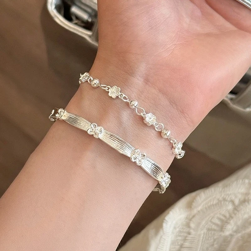 

925 Sterling Silver Chic Exquisite Flowers Plants Round Beads Bracelet for Women Fine Jewelry Minimalist Accessories Wholesale