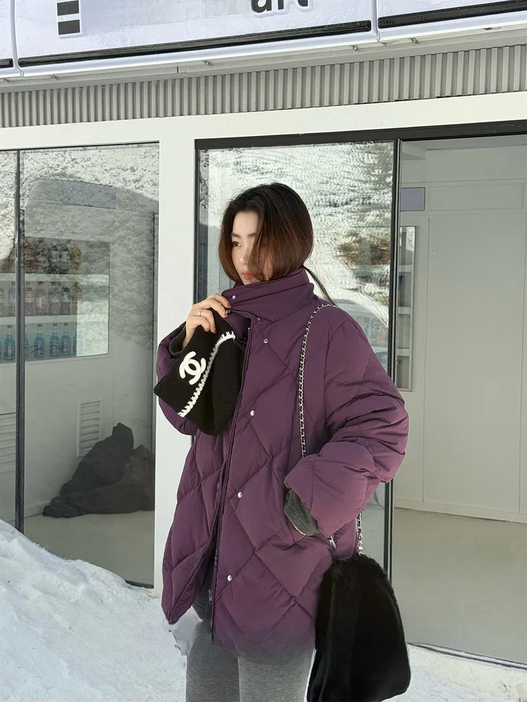 

plus Size Women's Faion Stand Collar Diamond Pattern 90 White Du down Puffer Jaet Warm Outerwear Casual Sle Nylon Fabric