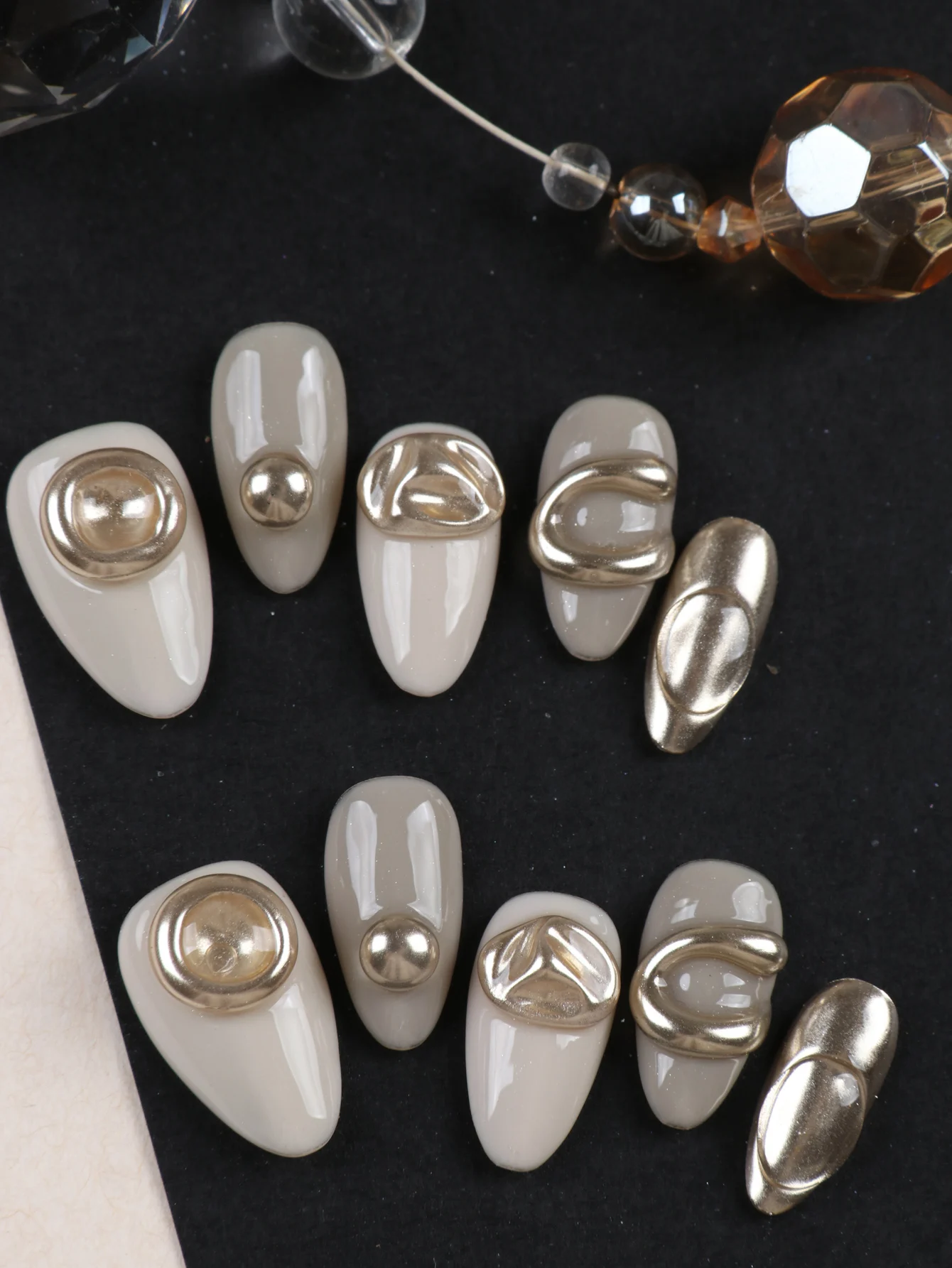 10Pcs Press on Nails  shortalmond beige Brown golden nail art Fake Nails Includes 1 Sheet Adhesive Tabs & 1 Pc Mini File