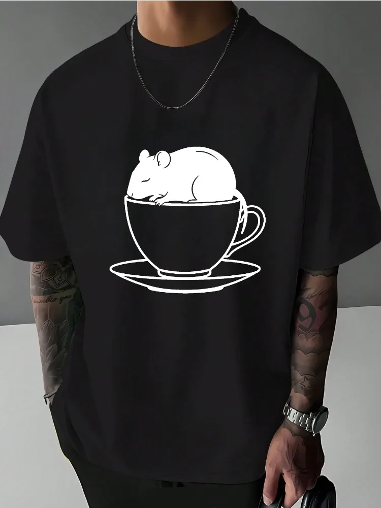 Men Oversized Soft Tee Cute Sleeping Mouse Coffee Cup Outline Print Short Sleeve Casual Street Tops For Young Adult Male Guys