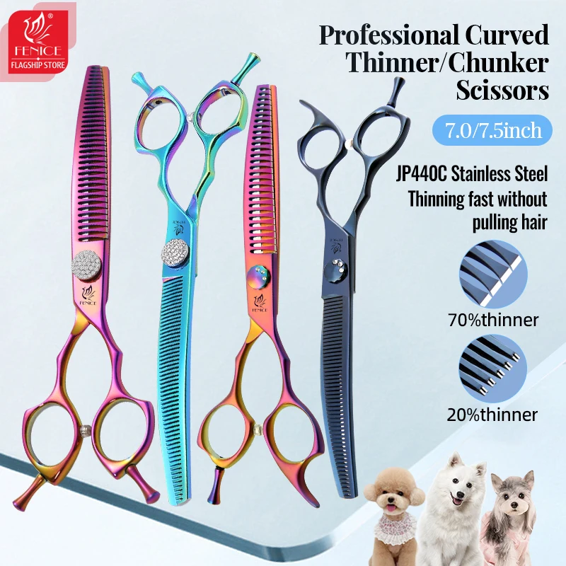 Fenice Professional Pet Grooming Tesoura, cão Tesoura, Straight Curvo Chunker, Thinner Shear para Cães, JP440C, 7/7,25"