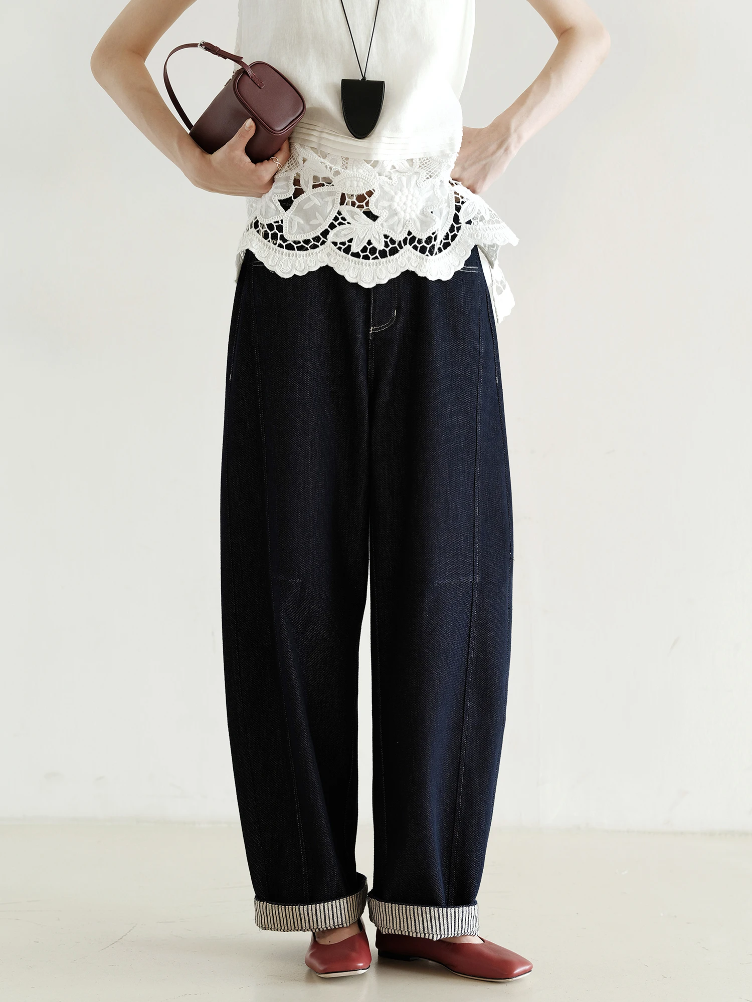 

Джинсы Ji Qirui с широкими штанинами, высокой талией, повседневные, хлопковые, на молнии, с декоративными элементами, в стиле Lazy Artistic Denim