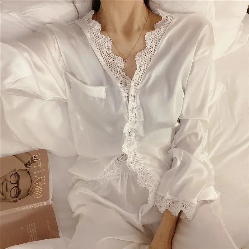 2 Piece/Set Home Suit  Pajamas For Women Sleepwear Female Long Sleeve Trousers Satin Silk Nightwear Suit Pijamas