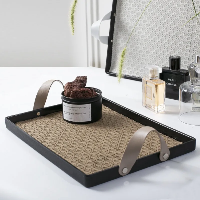 Nordisches Leder-Rechtecktablett, Multifunktionaler Organizer für Snacks, Aromatherapie, Kosmetik, Heimgebrauch Wasserbecher- und Teeservierteller