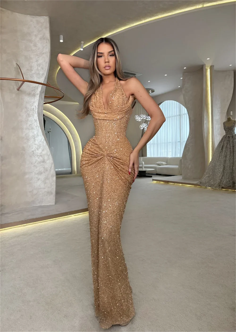 

Customized Gold Deep V-Neck Beaded Mermaid Formal Evening Dresses Sleeveless vestidos de noiva Elegant Floor-Length Prom Gowns