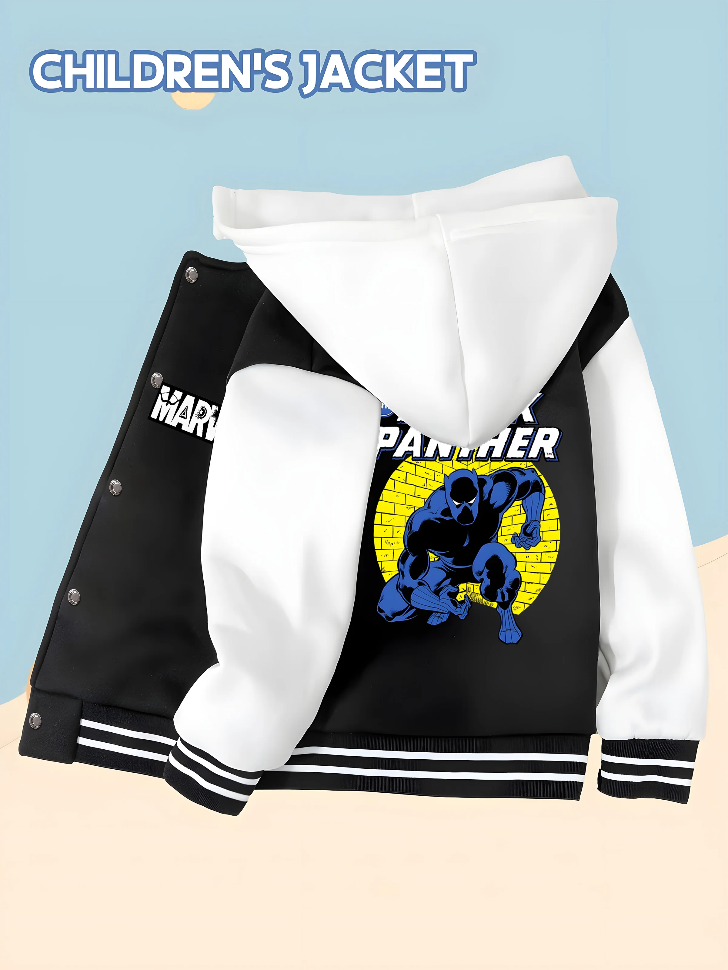

MINISO Marvel Boys Baseball Jacket - Deadpool Comics, classic black and white, soft fabric, warm and comfortable, skin-friendly,