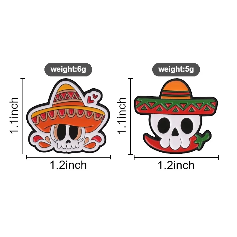 Chili Pepper Sombrero Skull Enamel Pin, Day Of The Dead Sugar Skull Brooch With Mexican Hat For Latin Culture Lovers Style