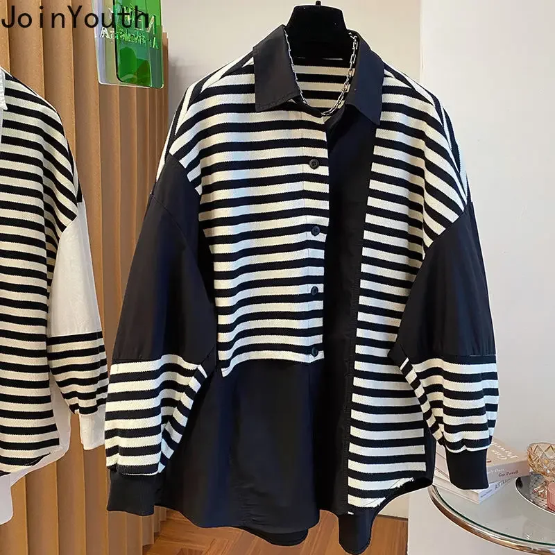 2023 Women Clothing Patchwork Fake Two Sweatshirts Contrast Color Striped Casual Y2k Tops Fashion Korean Oversized Hoodies 7L706