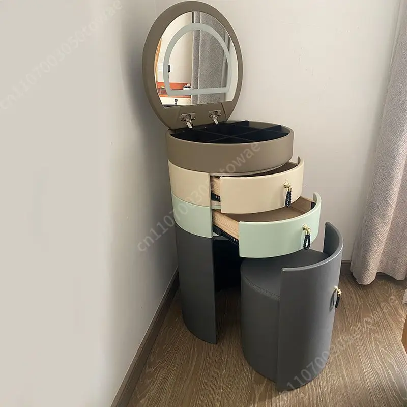 Mini Cylinder Vanity Desk with Flip-Top Mirror, Multi-Color Upholstered Dressing Table, Space-Saving Makeup Vanity for Bedrooms