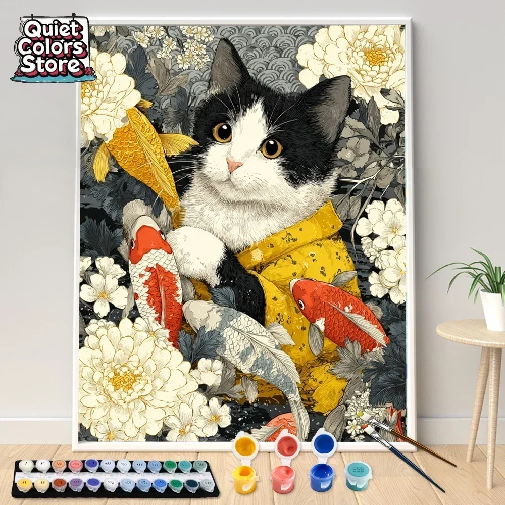 

Hand Paint A cat holding a goldfish Painting By Numbers Kit DIY Acrylic Artwork Canvas Art Gift Home