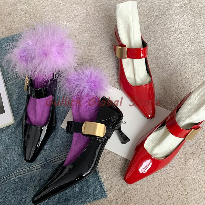 

2024 New Arrival Genuine Leather Pointed Toe Shallow Metal Ankle Strap Pumps Summer Dress Wedding Sexy Soft Breathable Grace