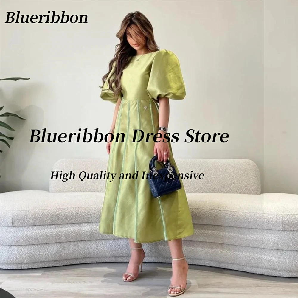 Blueribbon Customized Prom Dresses with Strips Tea Length Vestidos De Graduación Party Dress Half Sleeves Evening Gowns