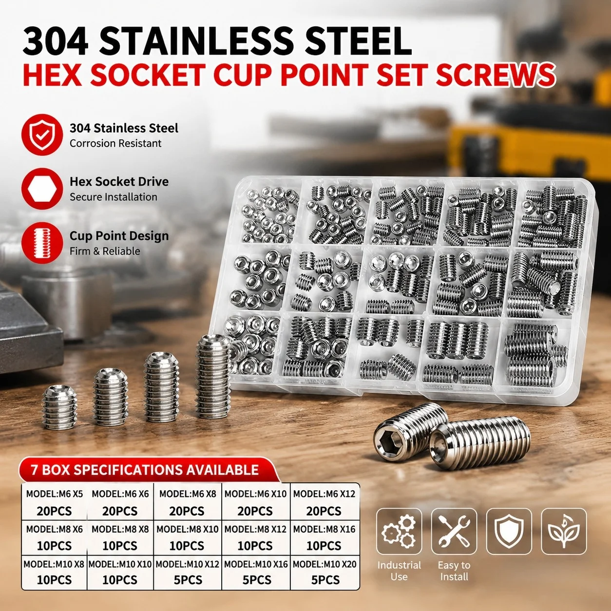 304 Stainless Steel Grub Screws Assortment Kit, Hex Socket Cup Point Set Screws with Allen Key,M3–M10 DIN916 Precision Fasteners