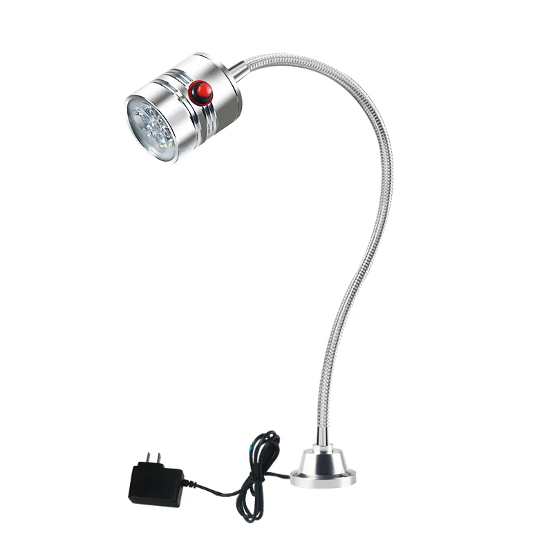 Prata lâmpada industrial, luz de trabalho LED, pescoço ajustável, base fixa, plugues podem ser personalizados, 110-220V, 5W