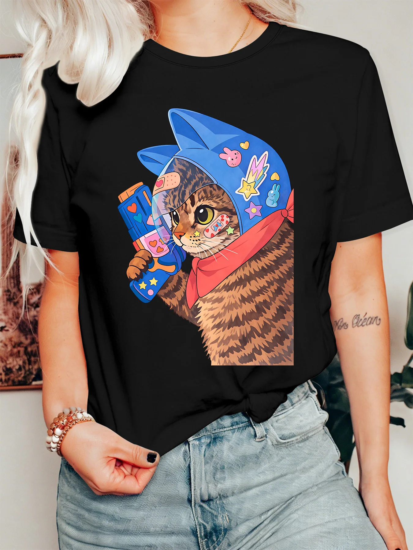Cute Cartoon Cat Water Gun Womens Crew Neck Short Sleeve T Shirt Helmet Sticker Playful Animal Casual Graphic Tees For Ladies