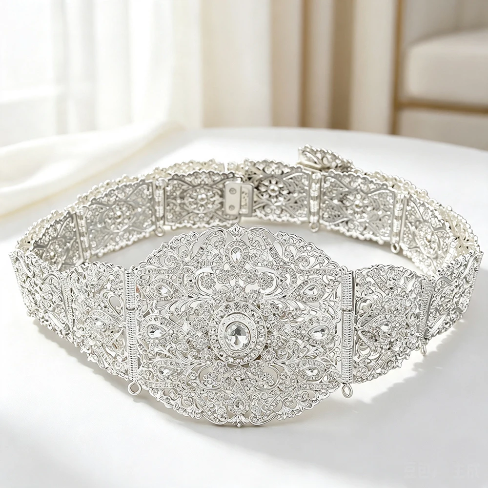 Sunspicems Gold Color Morocco Caftan Belt Rhinestones Hollow Filigree Algeria Women Waist Chain Arabic Bridal Wedding Jewelry