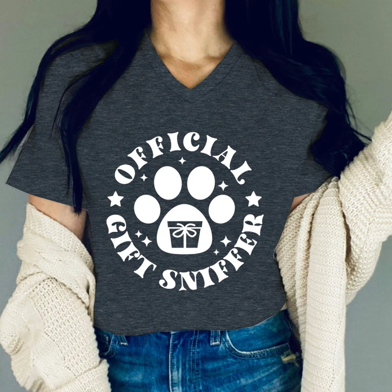 Women V Neck Tshirt Official Gift Sniffer Print Dog Paw Graphic Shirt Merry Christmas Y2K Tops Funny Vintage Dog Lover T Shirts