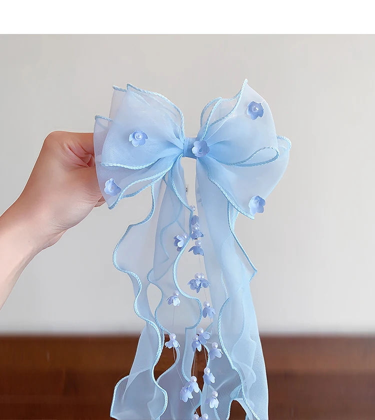 Niedliche Prinzessinnen-Tüll-Haarspangen mit Schleife für Mädchen, Lange Bandverzierungen, Blumen-Dekor Haarklammern für Kleinkinder und Kinder, Süße Haaraccessoires – Detail 5
