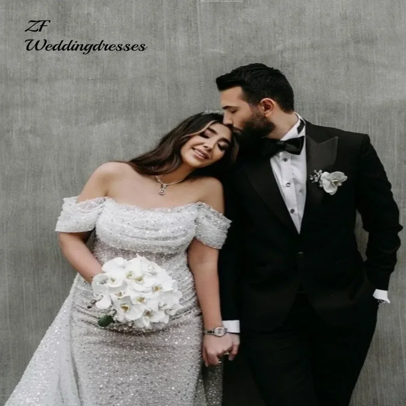 Maßgeschneiderte weiße Glitzer-Meerjungfrau-Hochzeitskleider, glänzende Pailletten, Brautkleid, abnehmbarer Zug, schulterfrei, Vestido De Novia