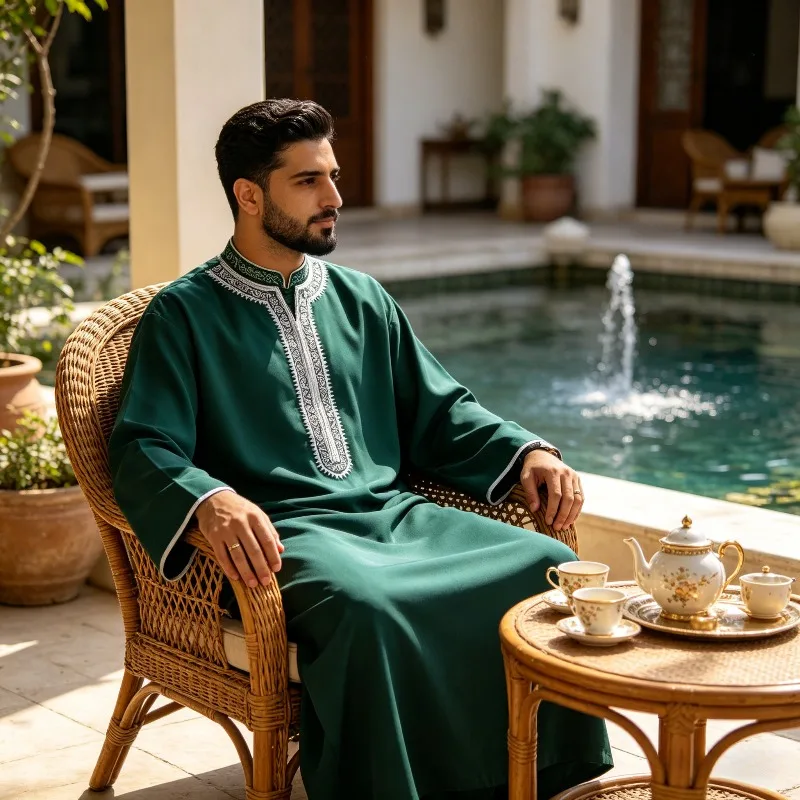 New Moroccan Green Arab Robe for Men Traditional Islamic Casual Clothing Embroidered Muslim Robe