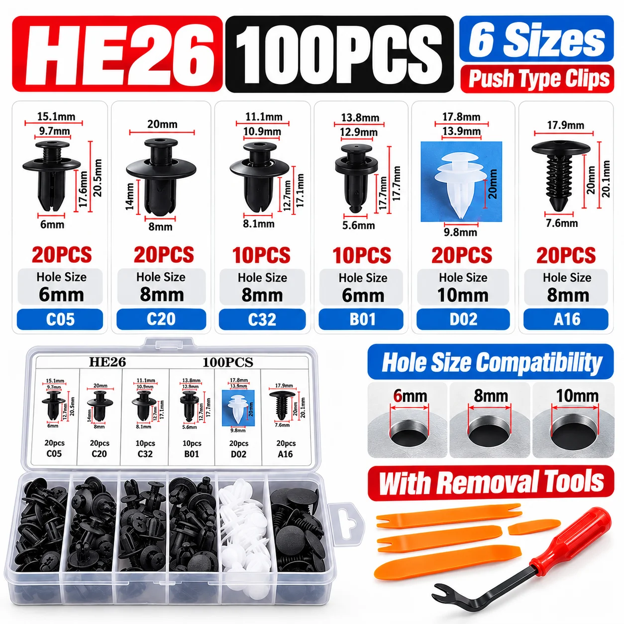 HE26 100PCS Car Push Retainer Clips Kit 6 Types Plastic Fasteners for Door Trim Bumper Fender Liner with Storage Box