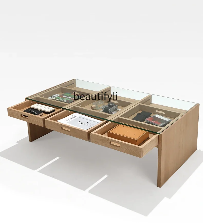 

zzNordic Glass Solid Wood TC3 Tea Table Japanese Style Vintage Oak Storage Storage Z living room furniture