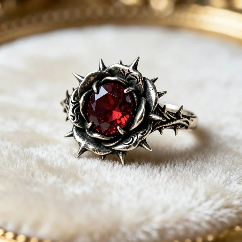 1pc Gothic Thorn Rose Ring Vintage Silver Color Red Zircon Finger Ring Dark Punk Spiky Rose Flower Jewelry Halloween Party Gift
