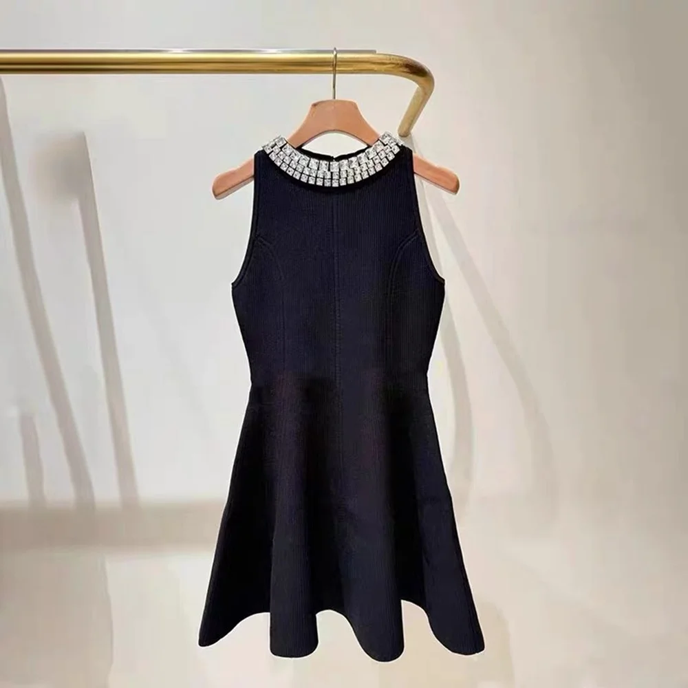 High-End Knitted Bla  Dr French Sle Diamond Embellied Svel Women's Faion Ci Commute A-Line Silhouette