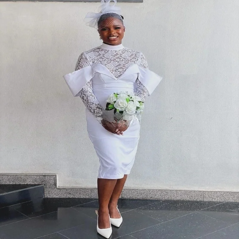 

Customized High Collar Lace Long Sleeves Wedding Dress Knee Length Robe De Mariée Sheath Bridal Gown